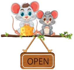 Glasschilderij Kinderen Two cute mice with cheese on an open sign