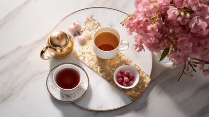 Two cups of tea placed on a marble tray with delicate pink flowers