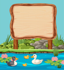 Vector illustration of ducks swimming near a blank sign.