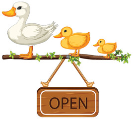 Vector illustration of ducks on a branch with open sign