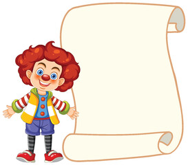 Cheerful cartoon clown presenting an empty parchment