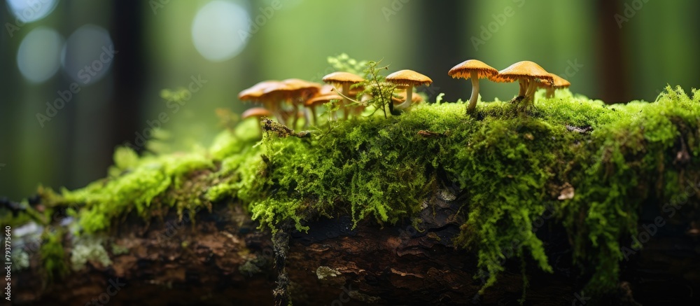 Poster Mushrooms on a mossy log in forest