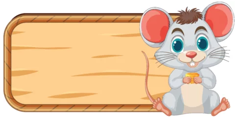 Glasschilderij Kinderen Cute mouse sitting beside an empty signboard