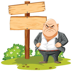 Cartoon of an angry man near a signpost