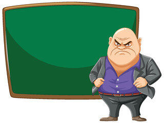 An angry cartoon character in front of a board