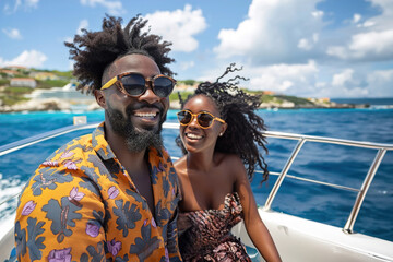 Smiling couple on yacht: sea breeze, they admire coastal scenery.