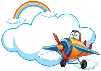 Glasschilderij Kinderen Colorful cartoon plane flying near a vibrant rainbow