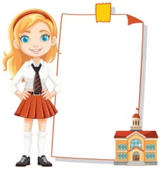 Glasschilderij Kinderen Cheerful student presenting with a large empty board