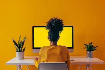 App display woman in her 30s in front of a computer with a completely yellow screen