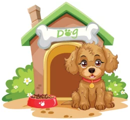Velours gordijnen Kinderen Cute brown puppy sitting by its doghouse