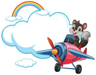 Glasschilderij Kinderen Cartoon squirrel flying a plane with rainbow