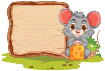 Glasschilderij Kinderen Cute mouse holding cheese beside blank sign.