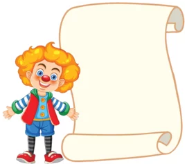 Glasschilderij Kinderen Cheerful cartoon clown presenting an empty scroll