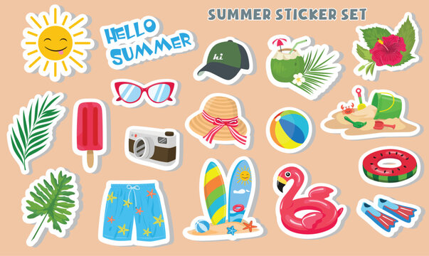 Summer sticker set. Summer element sticker. Summer holiday beach. Cartoon flat vector isolated on white bạckground
