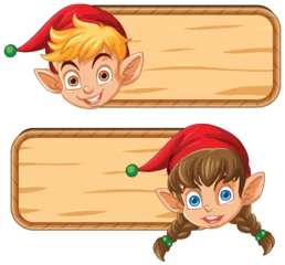 Velours gordijnen Kinderen Two cartoon elves peeking behind wooden signs.