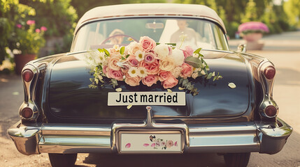 vintage wedding car with flowers
