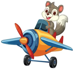 Velours gordijnen Kinderen Cartoon squirrel flying a colorful propeller plane.