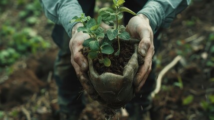 Men hands planting seedlings into the soil, ecology and environmental concept - obrazy, fototapety, plakaty