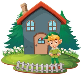 Velours gordijnen Kinderen Cheerful elf standing by a whimsical house