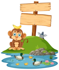 Glasschilderij Kinderen Cute monkey sitting by a pond with ducks and bird.