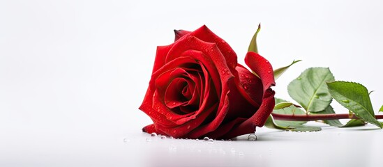 Single red rose on white surface