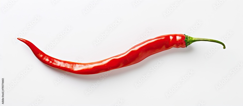 Poster Red chili on white surface with green stem