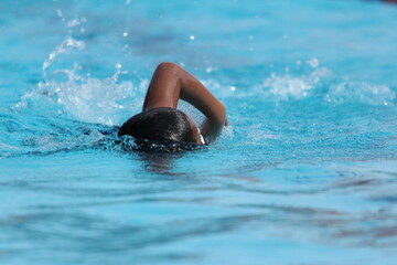 children are swimming in the pool