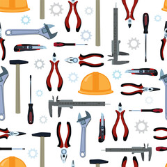 Electrician, repairman, construction worker hand tools seamless pattern, wallpaper, background.
