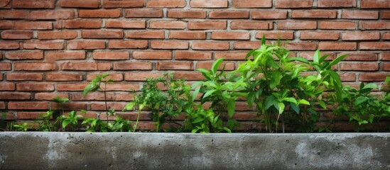 Green plants thrive in a planter against a brick wall