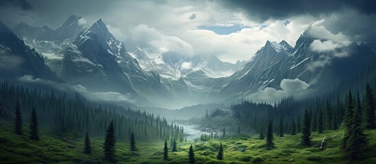 A serene river flowing through a lush valley with majestic mountains and trees