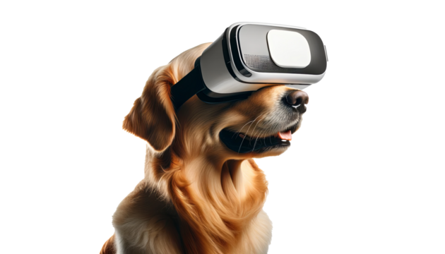 Dog with VR headset, quirky tech concept, ideal for pet-related tech products, and engaging for virtual pet experiences or tech fun.