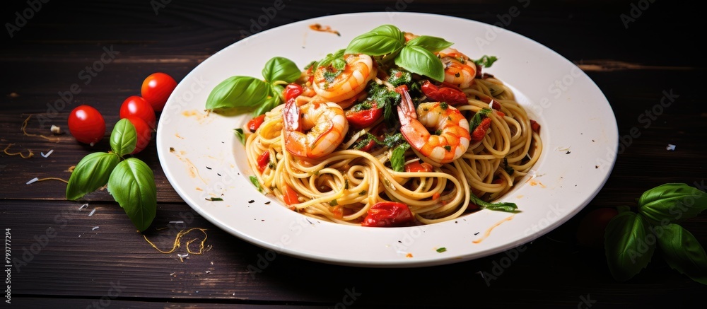 Sticker Plate of pasta featuring shrimp and tomatoes