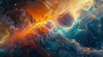 Stylized planetary bodies entwined in a flowing cosmic tapestry suggesting an otherworldly gravitational dance