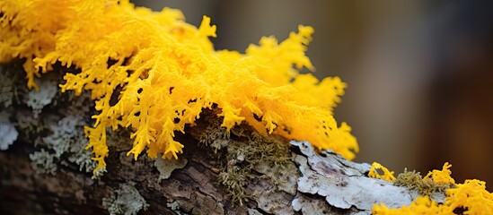 Yellow lichen on tree branch in forest - Powered by Adobe