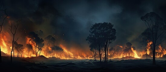A forest ablaze under a dark sky - obrazy, fototapety, plakaty