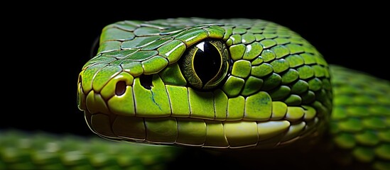 A serpent in close-up against dark backdrop