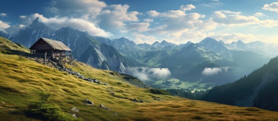 Mountains, cabin, solitary, grassy hill, serene view - Powered by Adobe