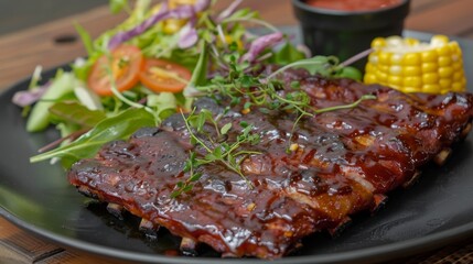 Barbecue pork ribs served with a side of fresh salad and corn on the cob, offering a balanced and delicious meal.