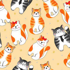 Seamless pattern with many different  red, grey cats on yellow background. Vector illustration for children.