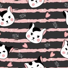 Seamless pattern with black and white headbof cats on striped background. Vector illustration for children.