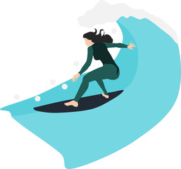 サーフィンをする女性のイラスト