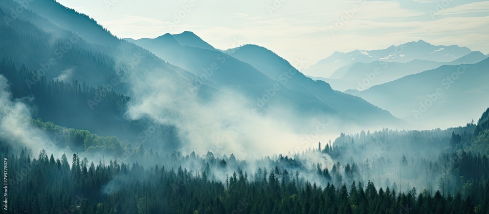 Poster mountain landscape with sparse trees and clouds