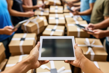 Creative people, tablet and boxes in logistics, teamwork or small business together at boutique, store or warehouse. - obrazy, fototapety, plakaty