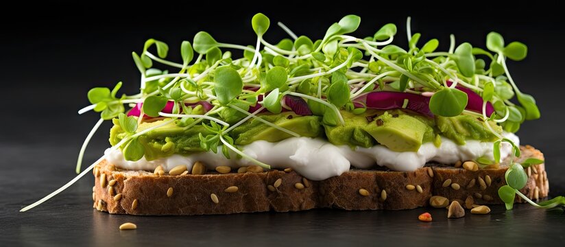 Sandwich featuring avocado and sprouts