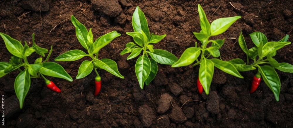 Canvas Prints Three peppers with intact leaves in soil