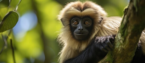 Obraz premium Monkey in tree gazes at camera