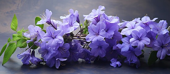 Purple flowers on a table with a gray background