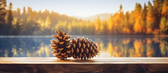 A pine cone on wooden table by lake