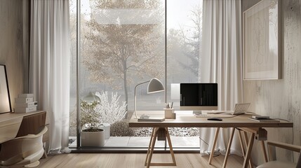 
In a minimalist Scandinavian home office, the camera focuses on a clean wooden desk positioned at the center. Surrounding it are glass walls allowing ample natural light to flood the space, all again