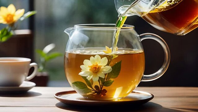 a stream of delicious and healthy flower tea poured from a jug into a glass cup, a hot drink in a transparent container